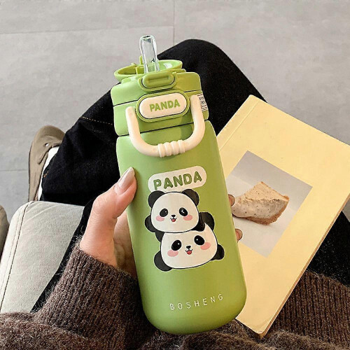 (450ml, green) Panda Thermos Cup Women's Straw Cute Double Drinking Cup Student High-value