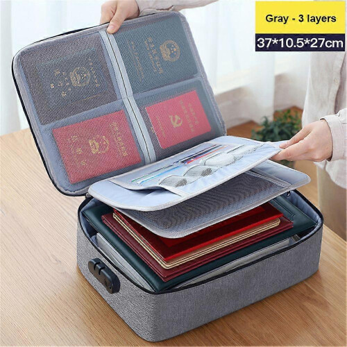 (3 floors, Grey) Fireproof Document Box 37x27x10cm 2-layer Document Safe Bag File Storage Box With Lock Waterproof Ziper Portable