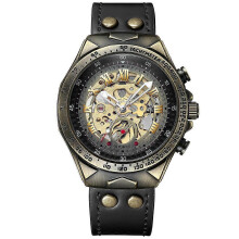(Black Skin Black Face) Luxury Mens Automatic Mechanical Wrist Watch Leather Strap Retro Skeleton Dial