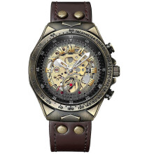 (Brown leather black face) Luxury Mens Automatic Mechanical Wrist Watch Leather Strap Retro Skeleton Dial