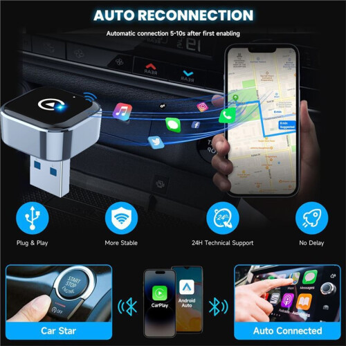 Horizontal Plug Wireless CarPlay Box Android 2-in-1 Adapter for Car Connectivity, with Extension Cable + Adapter 2