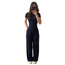 Ruched Short Sleeve Top & Wide Leg Pants Matching-Navy Blue S