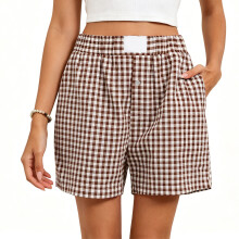 Women's Casual Checkered Shorts With Pockets-Brown XXL
