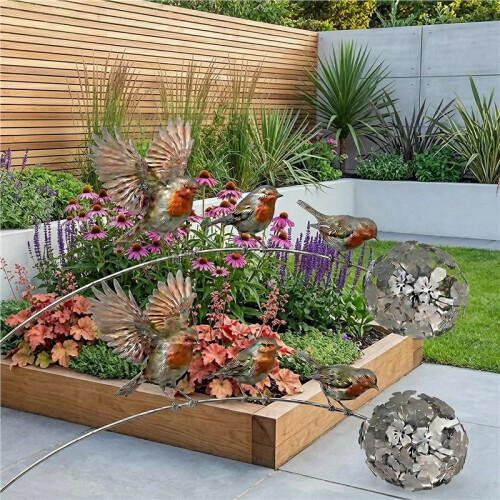 2 Pack Robins Garden Stake Rustic Bird Yard Art Decor with Dandelions Accent 2