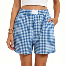 Womens Loose Fit Gingham Shorts Lightweight Fabric-Dark blue S