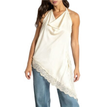 Women'S Satin Halter Neck Top Elegant Lace Trim Asymmetric Hem Sleeveless Going Out Tank Top Streetwear Apricot Color M