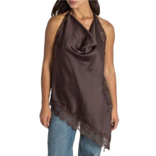 Women'S Satin Halter Neck Top Elegant Lace Trim Asymmetric Hem Sleeveless Going Out Tank Top Streetwear Dark Brown M