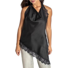 Women'S Satin Halter Neck Top Elegant Lace Trim Asymmetric Hem Sleeveless Going Out Tank Top Streetwear Black L