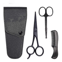 Beard Grooming Scissors Kit, High Carbon Stainless Steel, Black, with Storage Pouch, for Beard, Mustache, Nasal Hair Trimming