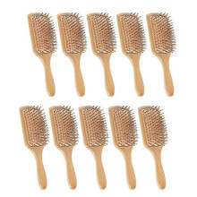 Bamboe haarborstels, 10 stuks, natuurlijke houten borstels met peddelvorm voor hoofdhuidmassage, antistatische werking en ontwarring.