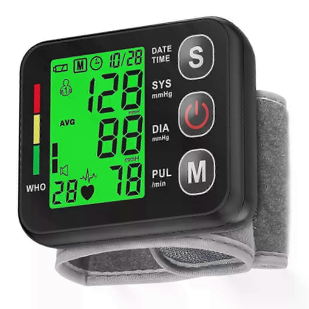 Wrist Blood Pressure Monitor with Backlit LCD, Adjustable Cuff, Rechargeable, Dual User Memory