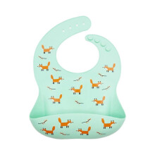 Bavaglino in silicone impermeabile con collo regolabile e tasca per la pappa, colore verde.