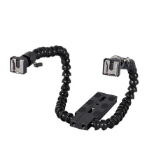 Soporte de montaje flexible de doble brazo para flash con zapata, compatible con cámaras de macrofotografía, aleación de aluminio, color negro.