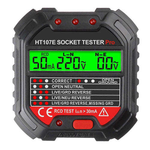 Socket Tester HT107E, UK Plug, LCD Display Voltage Detector, RCD Test For Electric Maintenance Testing