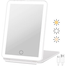 Opvouwbare LED-reismake-upspiegel met 3 dimbare kleuren, USB-oplaadbaar, wit