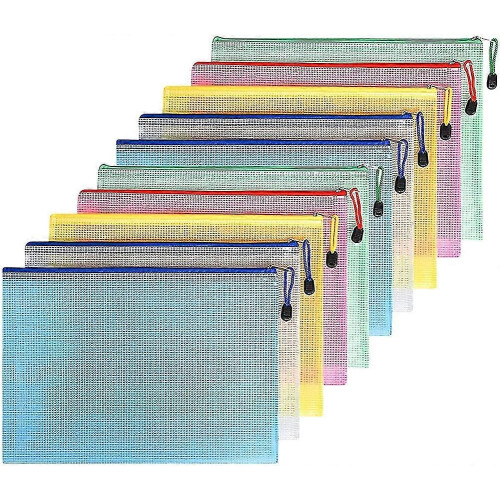 Mesh Zippered Document Bag, 10 Pieces A5 PVC Waterproof Foldable Document Pouch for Documents Paper Office School