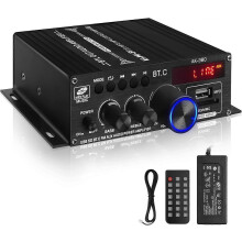 Audio-eindversterker, AK-380 400W+400W piekvermogen 2.0 kanalen Bluetooth 5.0 HiFi stereo versterker met 12V 5A voeding, FM-radio, afstandsbediening
