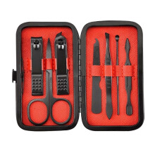 Manicure- en pedicureset, 7-delig, roestvrijstalen mesjes, compacte rode opbergkoffer, voor op reis en thuisgebruik.