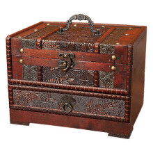 Vintage houten sieradendoos met deksel en spiegel voor kettingen, oorbellen en armbanden. Opberg- en displaydoos.