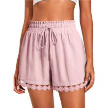 Damesshorts, Zomer, Casual, Los Model, Elastische Taille, Trekkoord, Kant, Boho, Strandcover- Shorts Roze M