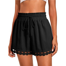 Damesshorts, Zomer, Casual, Los Model, Elastische Taille, Trekkoord, Kant, Boho, Strandcover- Shorts Zwart S