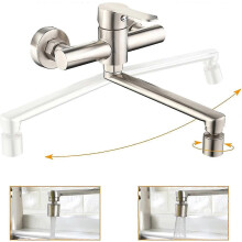 Wall Mounted Kitchen Mixer Tap, 360 Swivel 304 Stainless Steel, 2 Water Outlet Modes, Adjustable Spout, ABS Aerator
