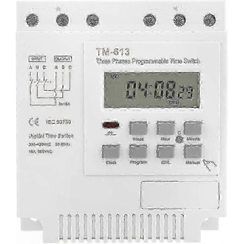 Digital 3-Phase Programmable Timer Relay Switch, 380V 16A 50-60Hz, Three-Wire DIN Rail Weekly Timer