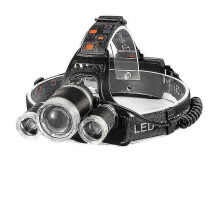 Wiederaufladbare LED-Stirnlampe, wasserdicht, zoombar, 3 Leuchtköpfe, freihändig nutzbar beim Camping