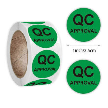 Rollenweise Qualitätskontrollaufkleber, runde Klebeetiketten, grün mit schwarzer Schrift, 500er-Packung, für die Produktprüfung, 2,5 x 2,5 cm