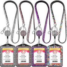 Rhinestone Retractable Badge Reel Lanyard with ID Holder, Silver Purple Pink Multi-color Crystal
