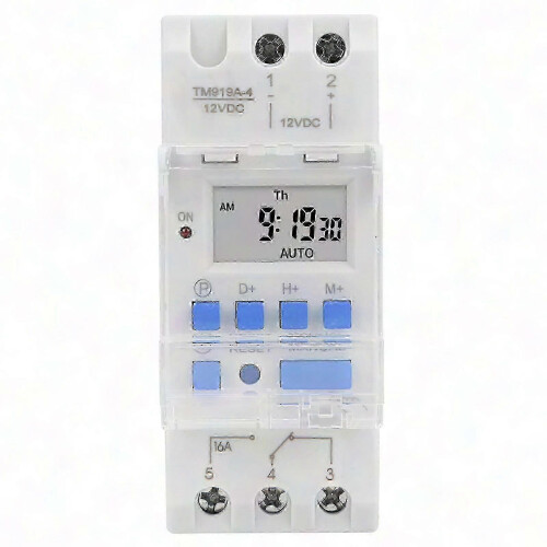 12V DC Programmable Timer Switch, LCD Display, 16A, Detachable Battery, Weekly Programmable, Countdown Function, DIN Rail Mounting