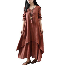 (l, brickred) Women Casual Boho Long Sleeve Cotton Linen Maxi Dress Sundress Summer V Neck