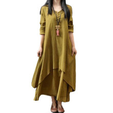(m, yellow) Women Casual Boho Long Sleeve Cotton Linen Maxi Dress Sundress Summer V Neck