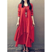 (l, winered) Women Casual Boho Long Sleeve Cotton Linen Maxi Dress Sundress Summer V Neck