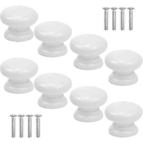 8 Pcs White Wood Cabinet Knobs 33mm Solid Mushroom Drawer Handles Pulls