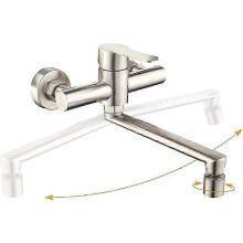 Wall Mounted Kitchen Faucet with 2 Water Jets 360 Rotatable for Double Sinks