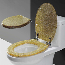 Glitzer-WC-Sitz mit Absenkautomatik, Schnellverschluss, Goldfarbenes Kunstharz, verstellbare, rutschfeste Scharniere