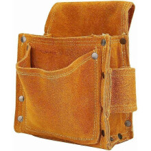 Sac à outils en cuir orange pour électriciens et charpentiers, avec rivets métalliques.