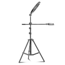 Anneau lumineux LED pour la photographie et la vidéo, avec trépied et bras articulé, idéal pour les studios photo et vidéo.