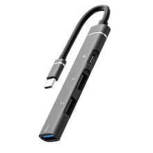 USB-C-hub met 4 poorten, aluminiumlegering, inclusief USB 3.0-, USB 2.0- en PD-poort voor gegevensoverdracht.
