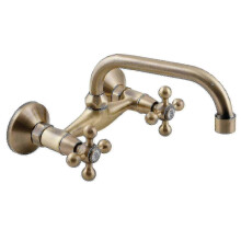 Antique Brass Basin Bathroom Tap with 'C' Spout and Ceramic Heads