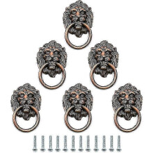 Tiradores de cajón con forma de león en bronce antiguo, aleación de zinc con anilla, 6 piezas, 66 x 41 mm