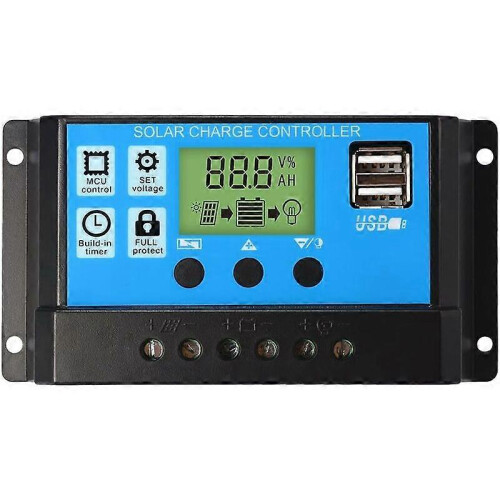 PWM Solar Charge Controller 30A 12V/24V LCD Display Dual USB Temperature Compensation