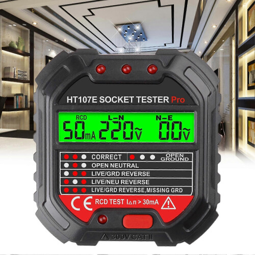 Socket Tester HT107E, UK Plug, LCD Display Voltage Detector, RCD Test For Electric Maintenance Testing 2