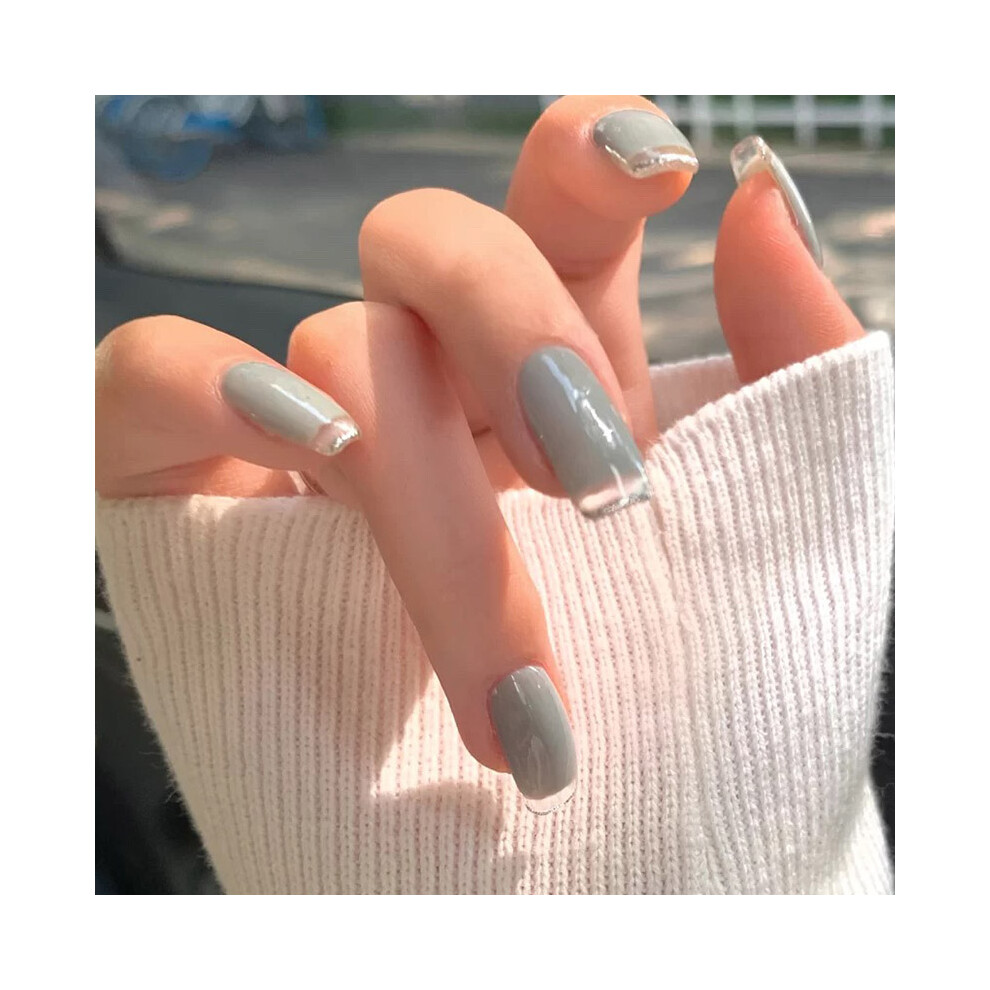 Roc-Electron 24Pcs Gray French False Nails With Glue