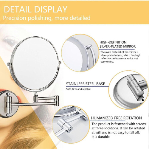 Wall Mounted Makeup Mirror Dual Sided 10X Magnification 360 Rotating Extendable Arm 2
