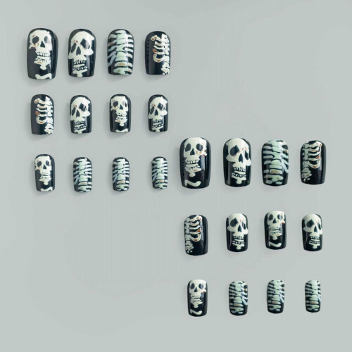 Black Gothic Press On Nails Medium Square Skull Design 24pcs with Glue ABS 1