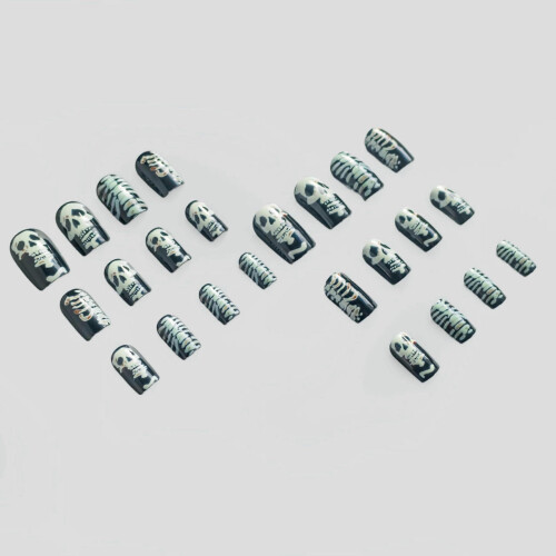 Black Gothic Press On Nails Medium Square Skull Design 24pcs with Glue ABS 2