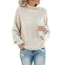 (S, Beige) Women's Lamb Wool Knitted Long Sleeve Turtleneck Pullover Sweater, Loose Casual Top