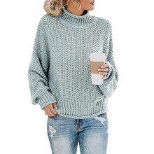 (L, Blue) Women's Lamb Wool Knitted Long Sleeve Turtleneck Pullover Sweater, Loose Casual Top